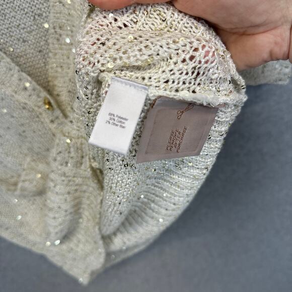 Jennifer Lopez Sweater Womens Medium Cream Sequins Cardigan Short Sleeve V-Neck - Picture 5 of 10
